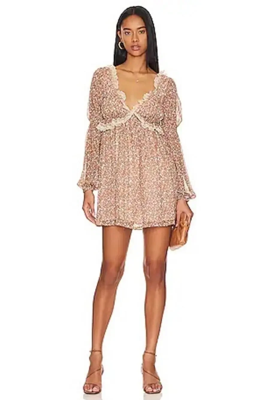 NWT Free People Ditsy Floral Lace Trim Mini Dress Sz XL Cottagecore Deep V